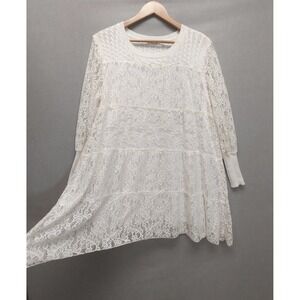 Floral Lace Tunic Tiered  Cable Knit Sweater Dress XL Ivory Cottagecore Boho